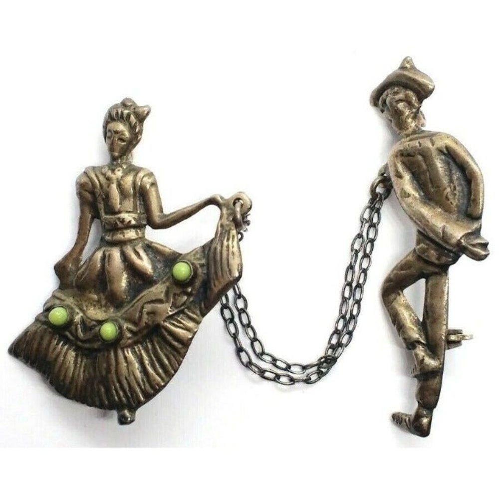 Vintage Deco Retro Sterling Silver Turquoise Mexican Man Woman Dancer Pin Brooch